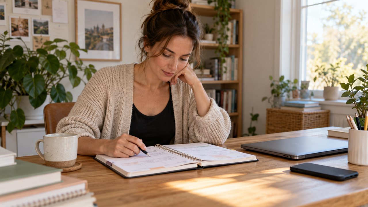 Empreendedora revisando uma agenda de papel, com notebook fechado e celular sobre a mesa