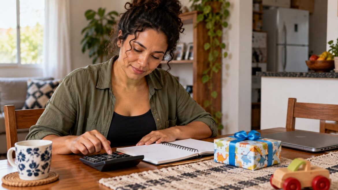 Empreendedora conferindo um caderno e uma calculadora ao lado de um presente infantil