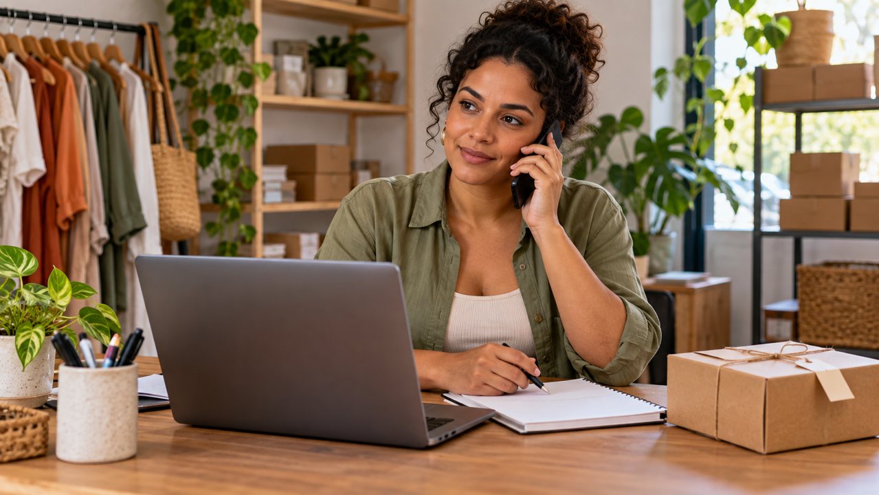 Empreendedora atendendo uma ligação ao lado de um computador e de um pedido embalado
