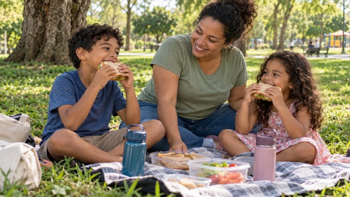 Mãe e dois filhos compartilhando um piquenique simples em um parque
