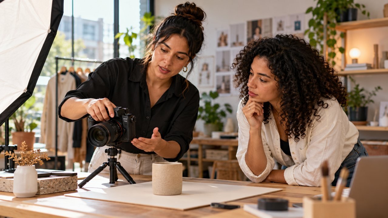 Duas mulheres trocando conhecimentos sobre uma câmera em um estúdio de fotografia de produtos.