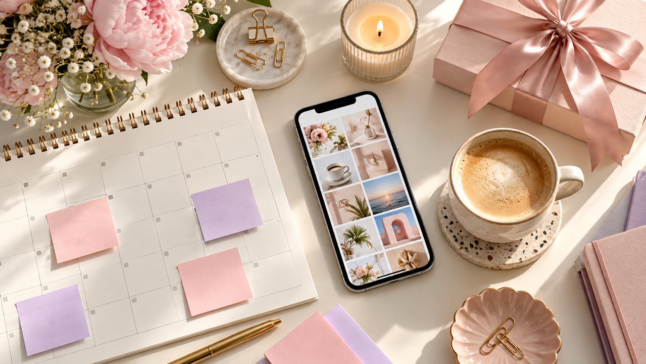 Calendário, celular com imagens de inspiração e caixa de presente sobre uma mesa