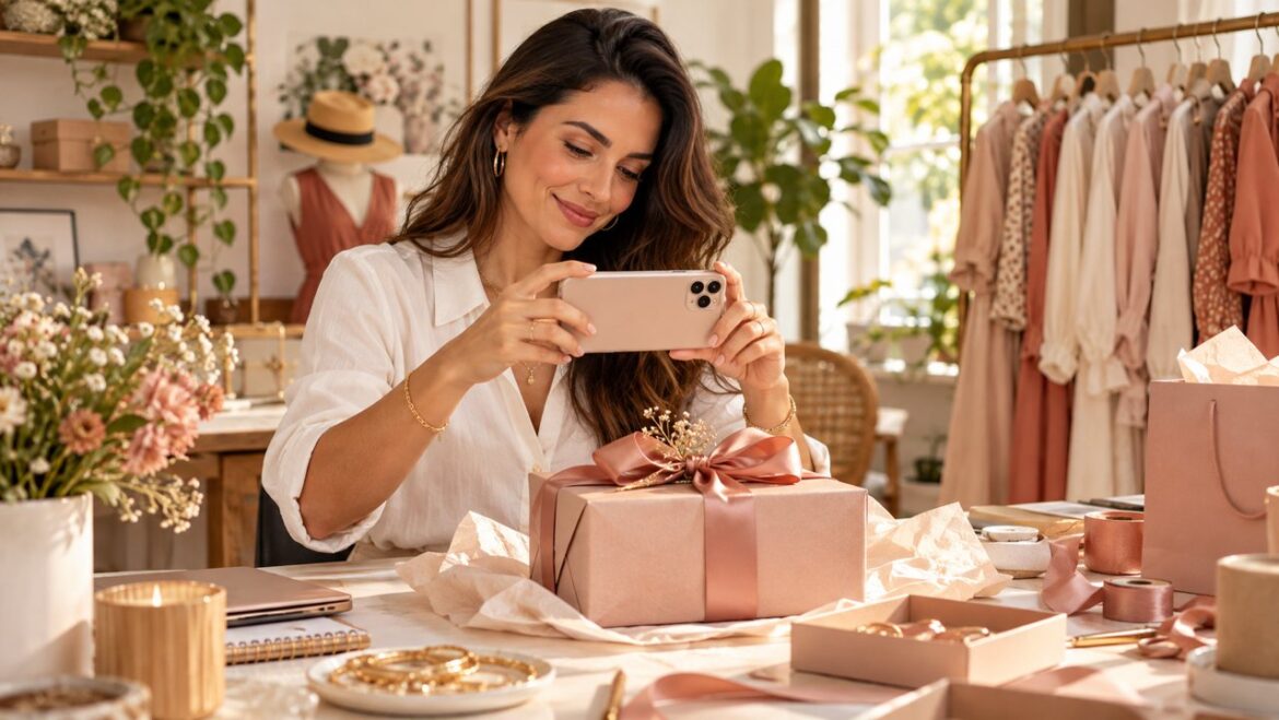 Empreendedora fotografa uma caixa de presente para a campanha de redes sociais de sua loja