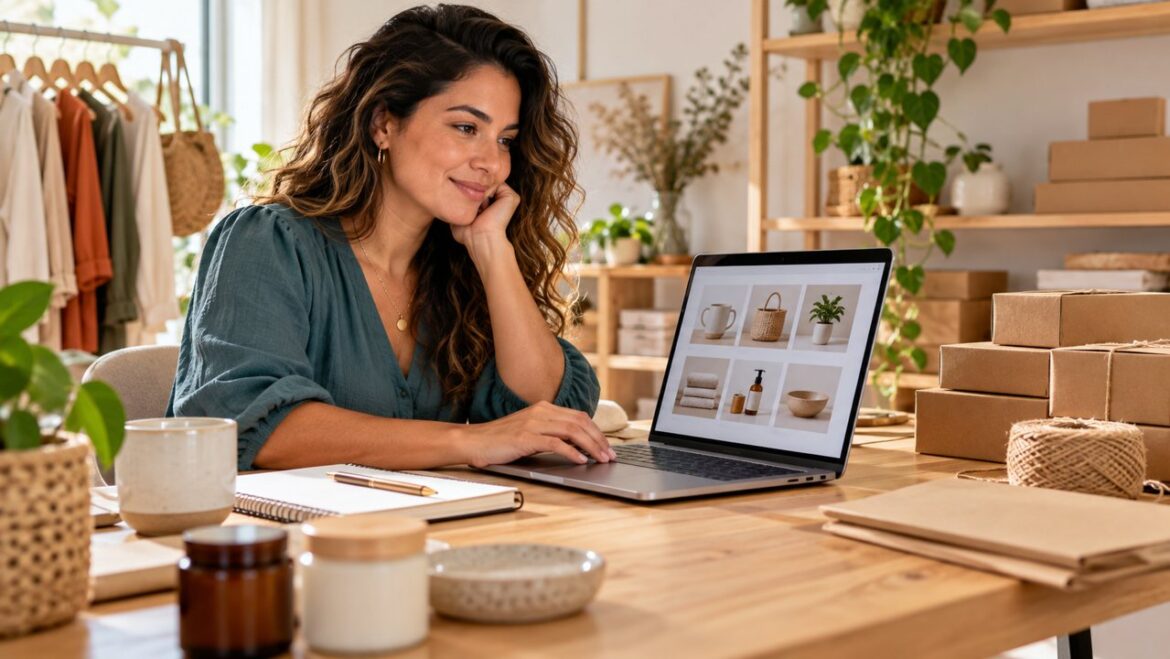 Empreendedora planejando o catálogo de uma loja virtual