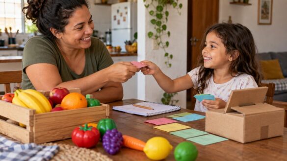 Mãe e filha brincando de mercadinho com frutas de brinquedo e fichas de papel
