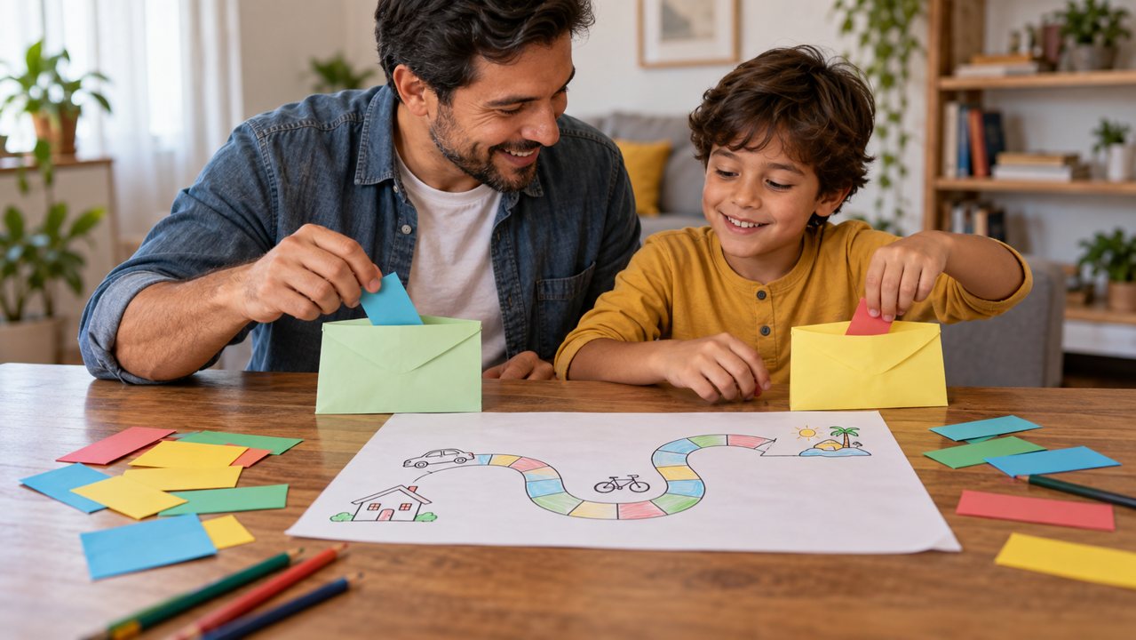 Pai e filho organizando fichas coloridas em envelopes durante uma brincadeira de planejamento