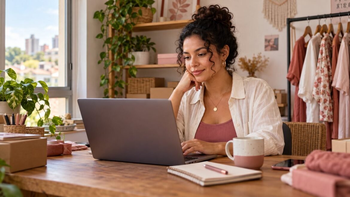 Empreendedora trabalha no computador em uma mesa com caderno e caneca, em uma pequena loja.