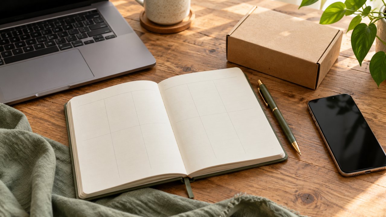 Caderno, notebook, smartphone e caixa sobre uma mesa de planejamento