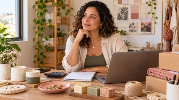 Empreendedora planeja o negócio com caderno, calculadora e computador.