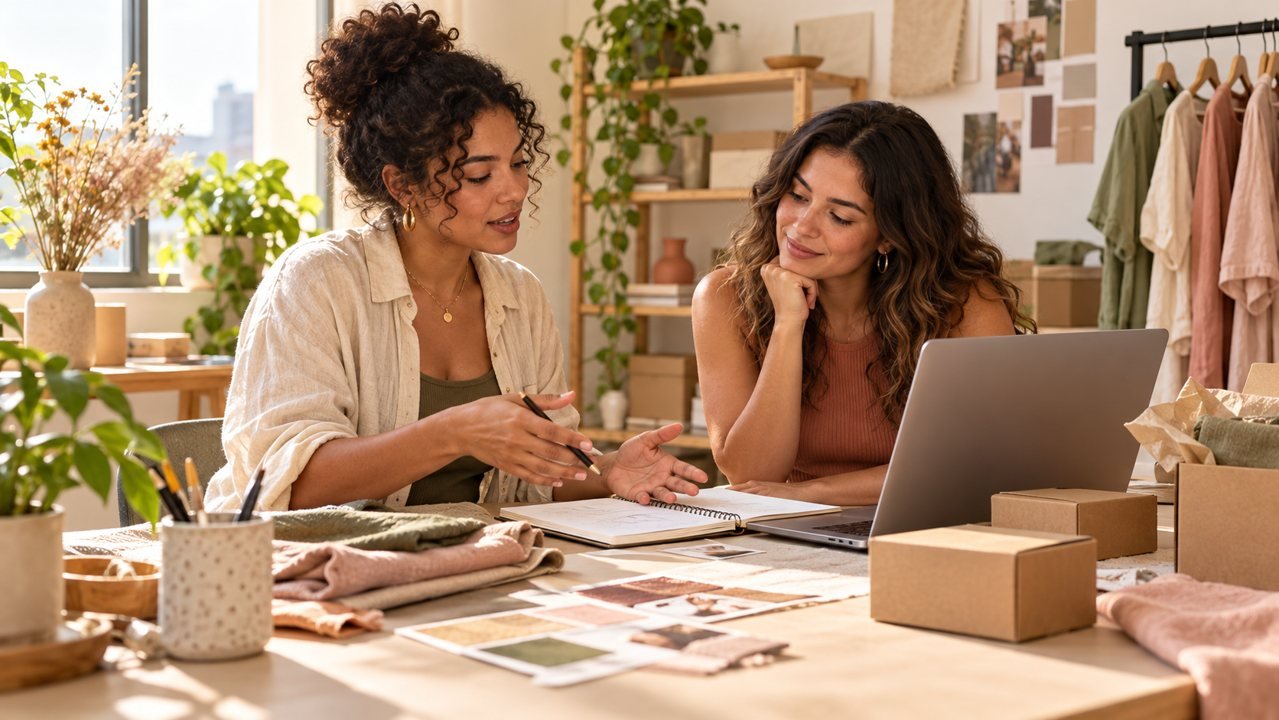 Duas empreendedoras conversam sobre o planejamento de um pequeno negócio.