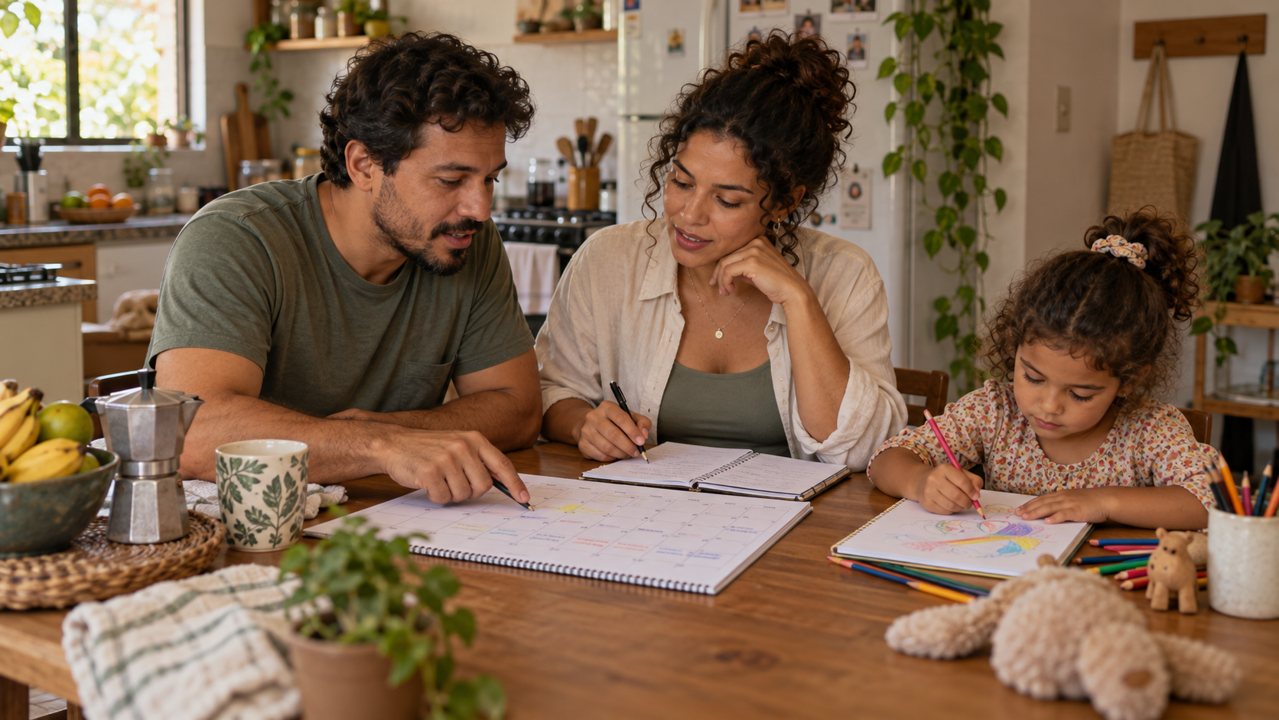 Adultos planejando a semana juntos enquanto a filha desenha à mesa