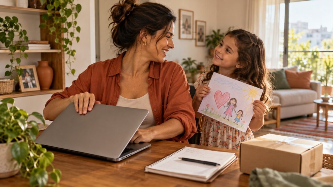 Mãe encerrando o trabalho no notebook para conversar com a filha que mostra um desenho