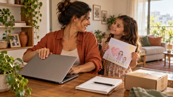 Mãe encerrando o trabalho no notebook para conversar com a filha que mostra um desenho
