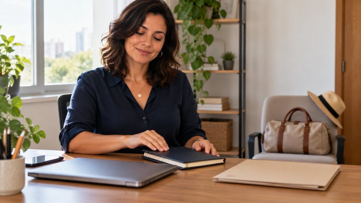 Empresária fecha um caderno de planejamento, com computador fechado e bolsa de viagem ao fundo.