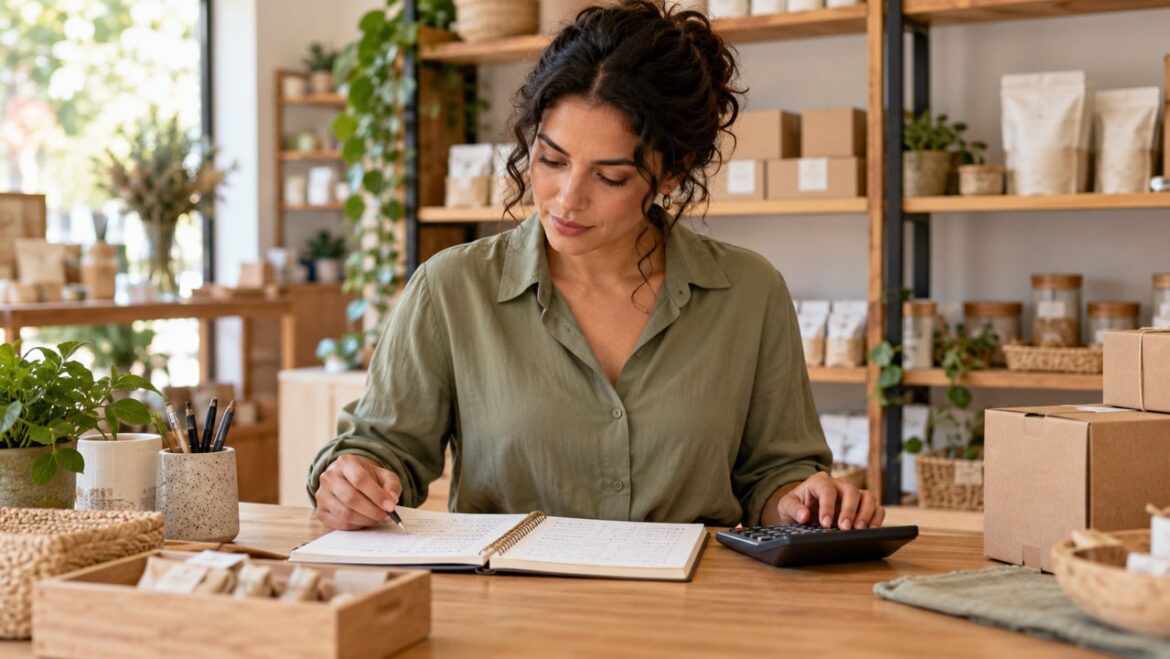 Empreendedora confere registros com caderno e calculadora no balcão de uma pequena loja