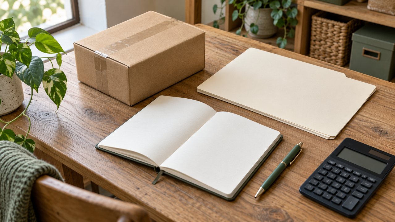 Pacote, documentos, caderno e calculadora para conferir o caminho de uma venda