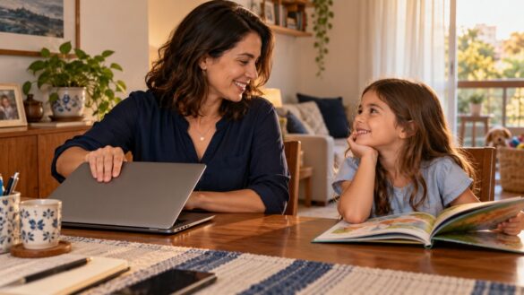 Mãe fecha o computador e se volta para a filha, que está com um livro à mesa.