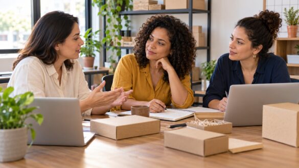 Três empreendedoras planejam vendas e responsabilidades em uma pequena empresa