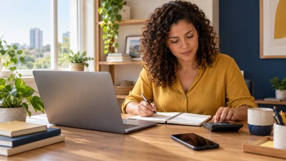 Empreendedora compara custos de ferramentas com caderno e calculadora