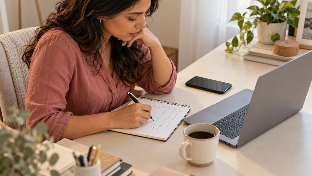 Empreendedora organizando critérios para avaliar uma oferta de produto digital