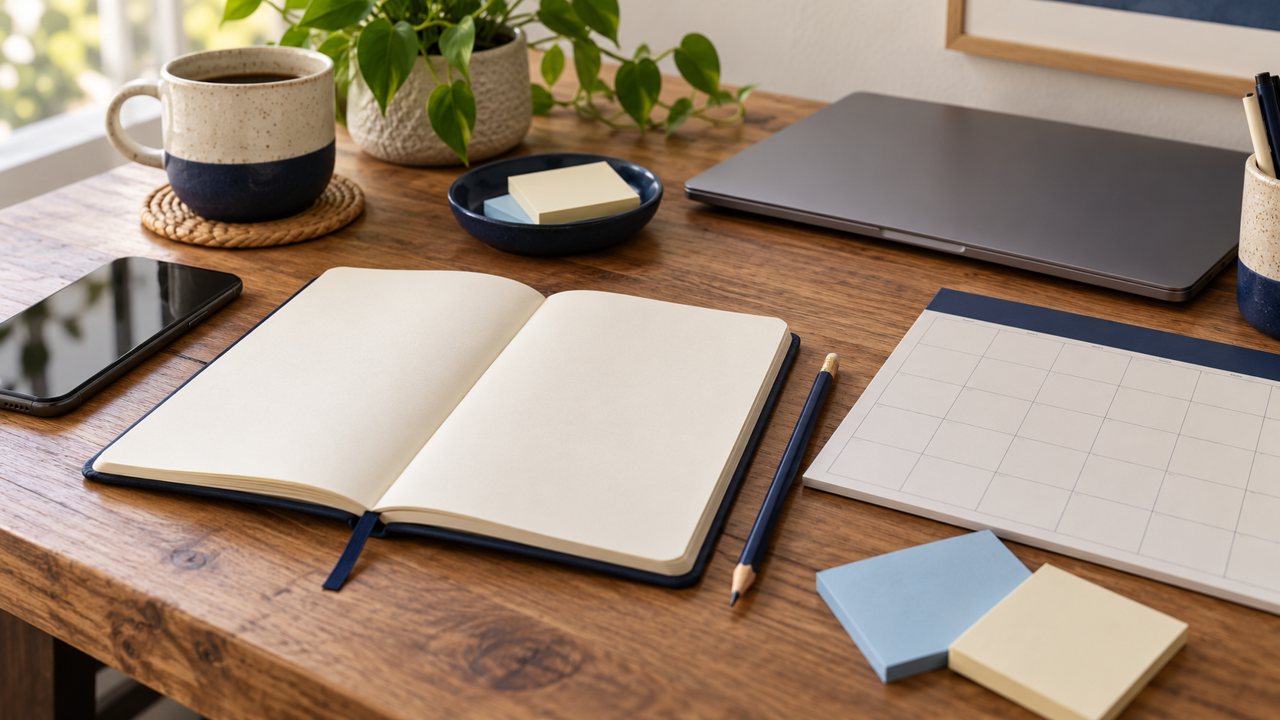 Caderno, calendário, celular e notas sobre uma mesa de trabalho organizada.