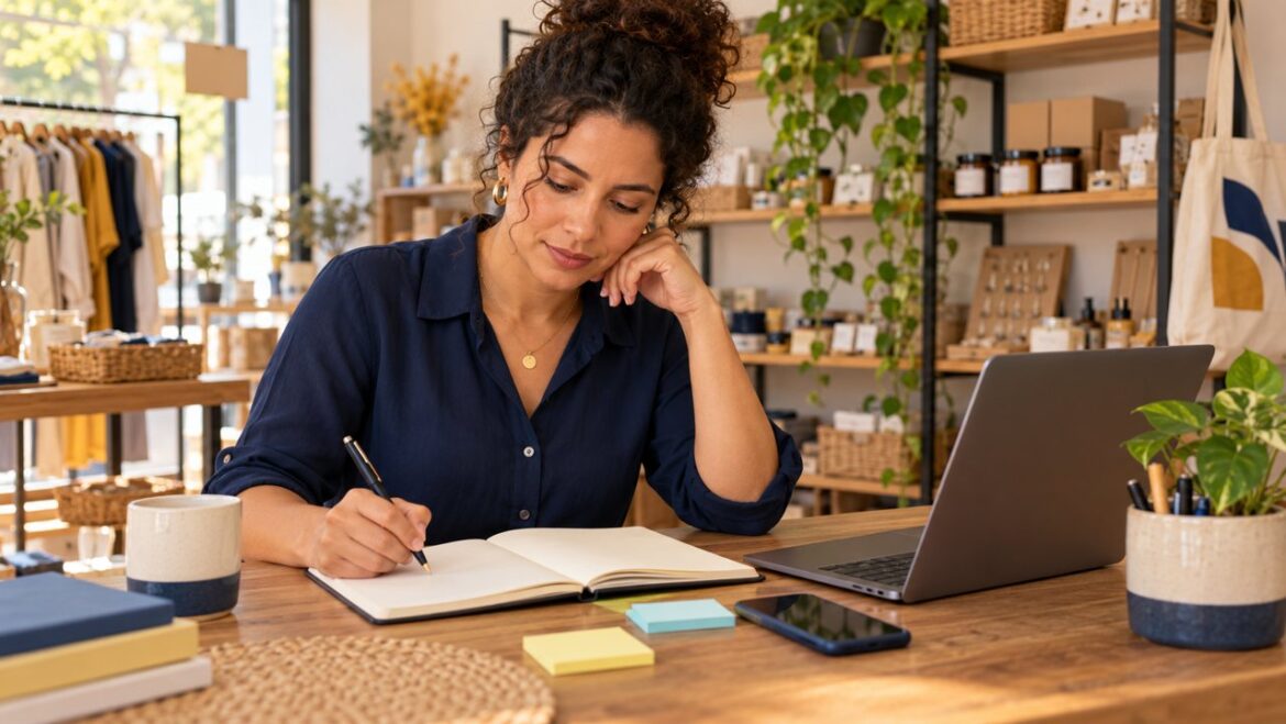 Empreendedora planeja ações de marketing em um caderno ao lado de um computador.