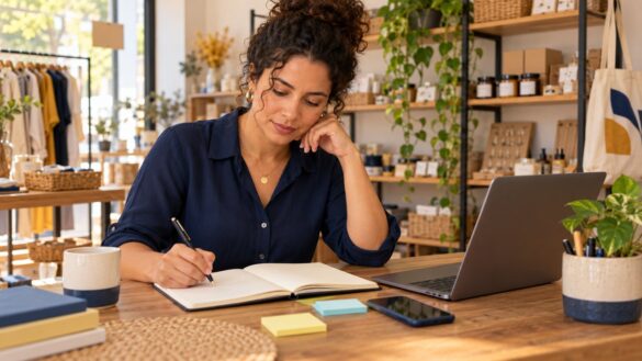 Empreendedora planeja ações de marketing em um caderno ao lado de um computador.