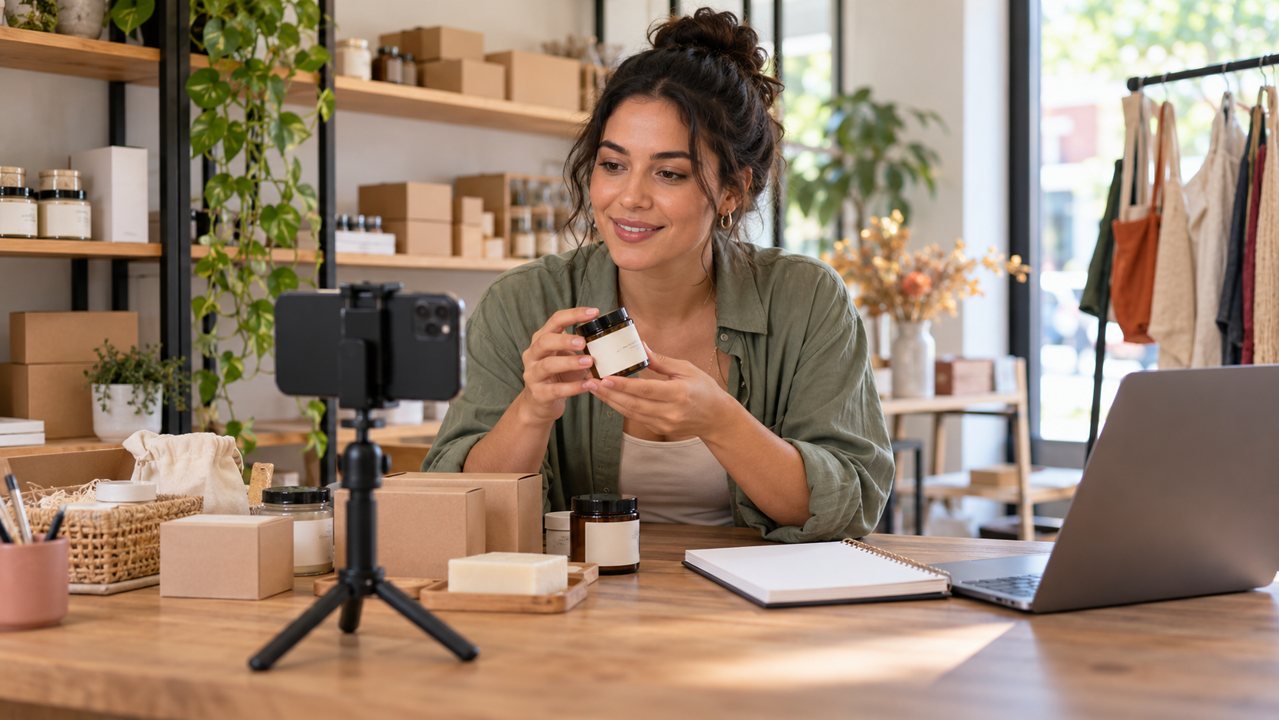 Empreendedora fictícia gravando uma demonstração de produto com celular em tripé