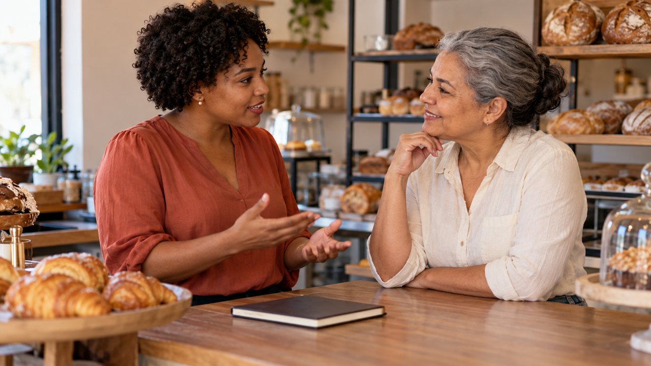 Empreendedoras conversando sobre colaboração entre pequenos negócios locais