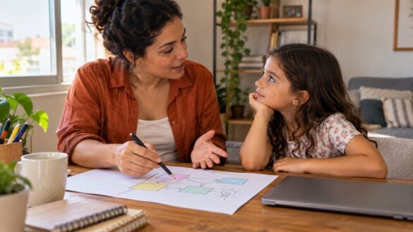 Mãe explicando seu trabalho à filha com desenhos simples em uma folha
