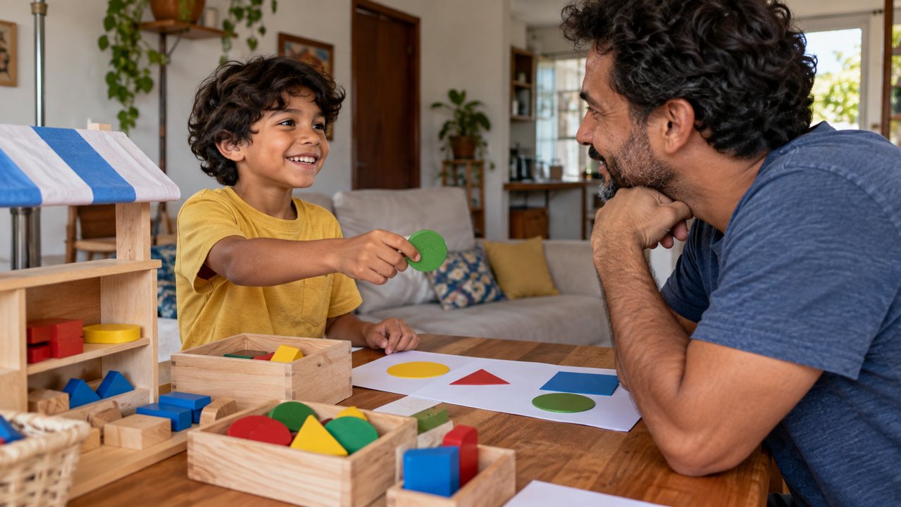 Pai e filho brincando de loja com blocos de madeira e figuras coloridas
