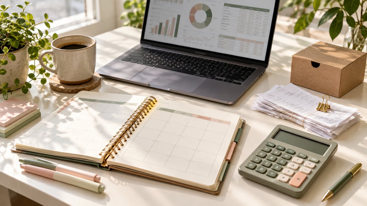 Calendário financeiro, calculadora e registros de despesas ao lado de um notebook