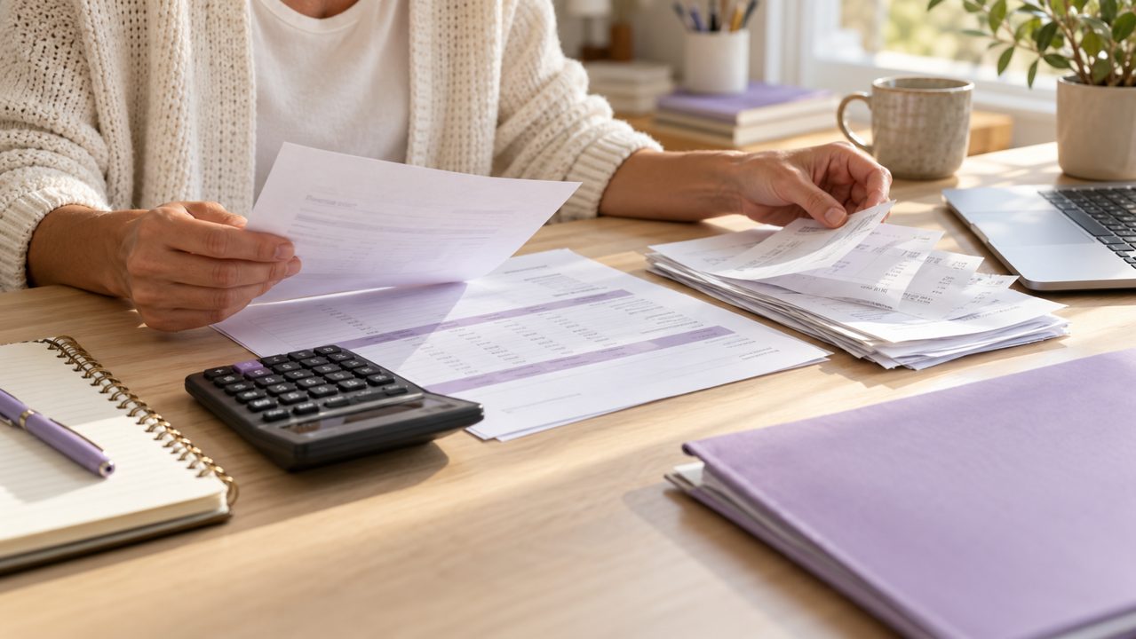 Mãos de uma empreendedora comparando relatórios e comprovantes ao lado de calculadora e caderno
