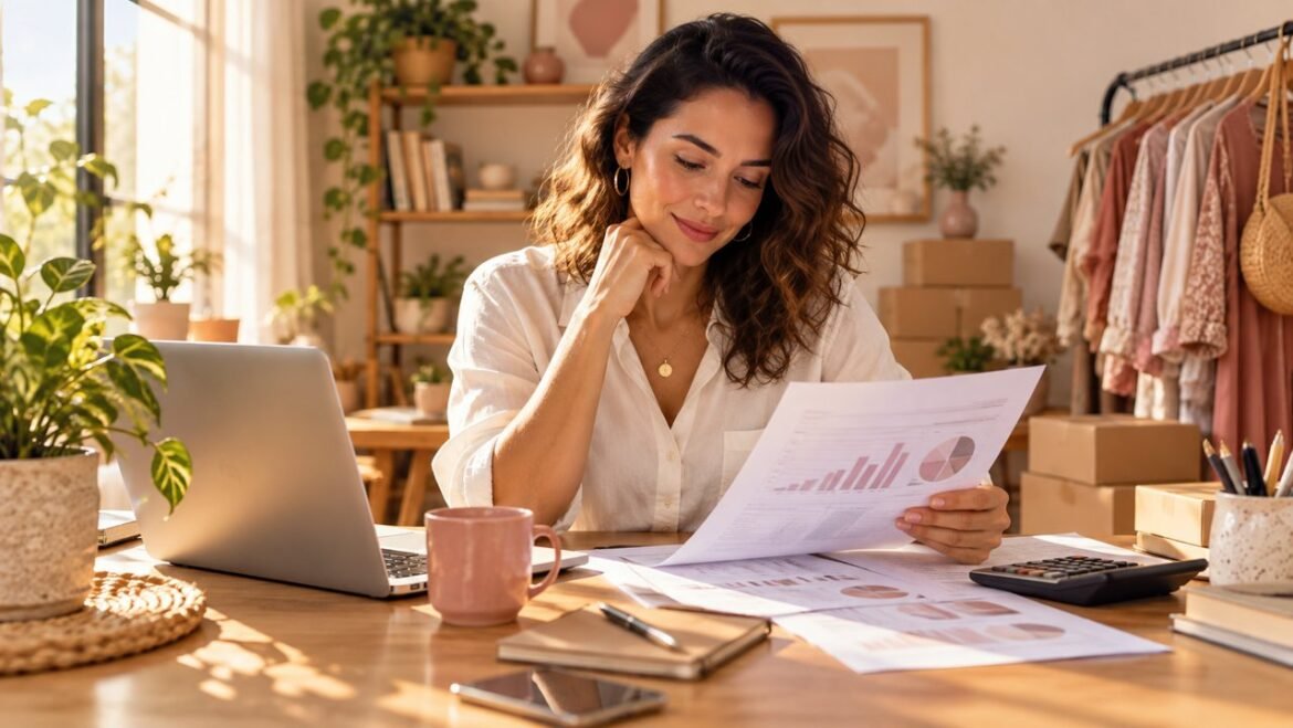 Empreendedora analisa relatórios financeiros em sua loja