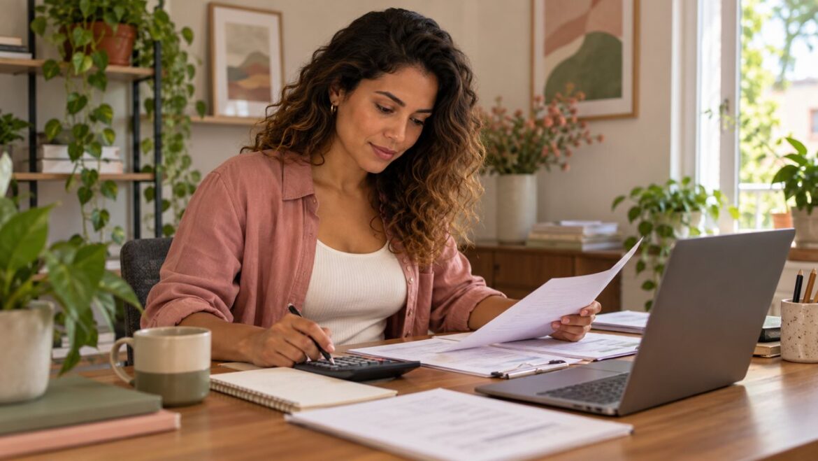 Empreendedora conferindo documentos e calculadora no fechamento financeiro do mês