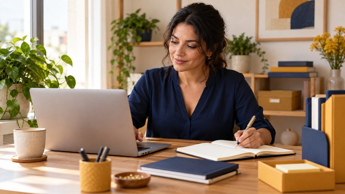 Empreendedora organiza sua rotina com notebook e caderno em escritório