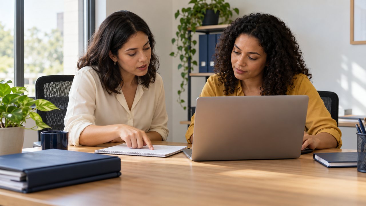 Duas profissionais revisam um checklist para organizar o trabalho no digital