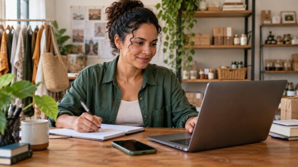 Empreendedora organizando tarefas no notebook e em um caderno em sua pequena empresa