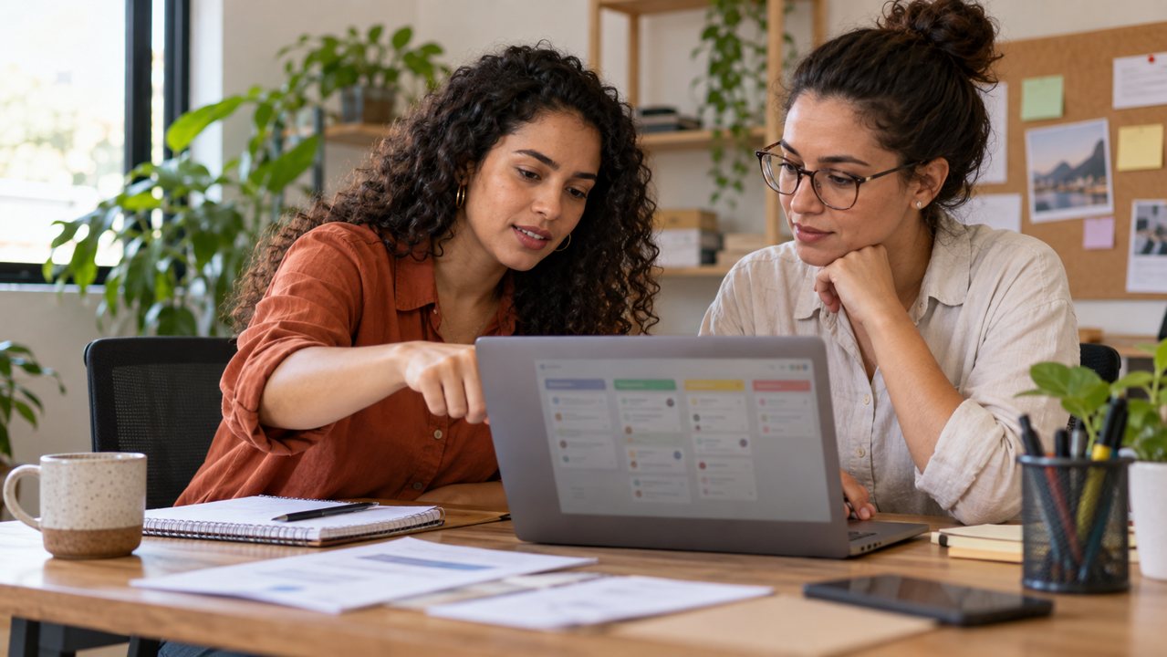 Duas profissionais revisando juntas a organização de tarefas em um notebook