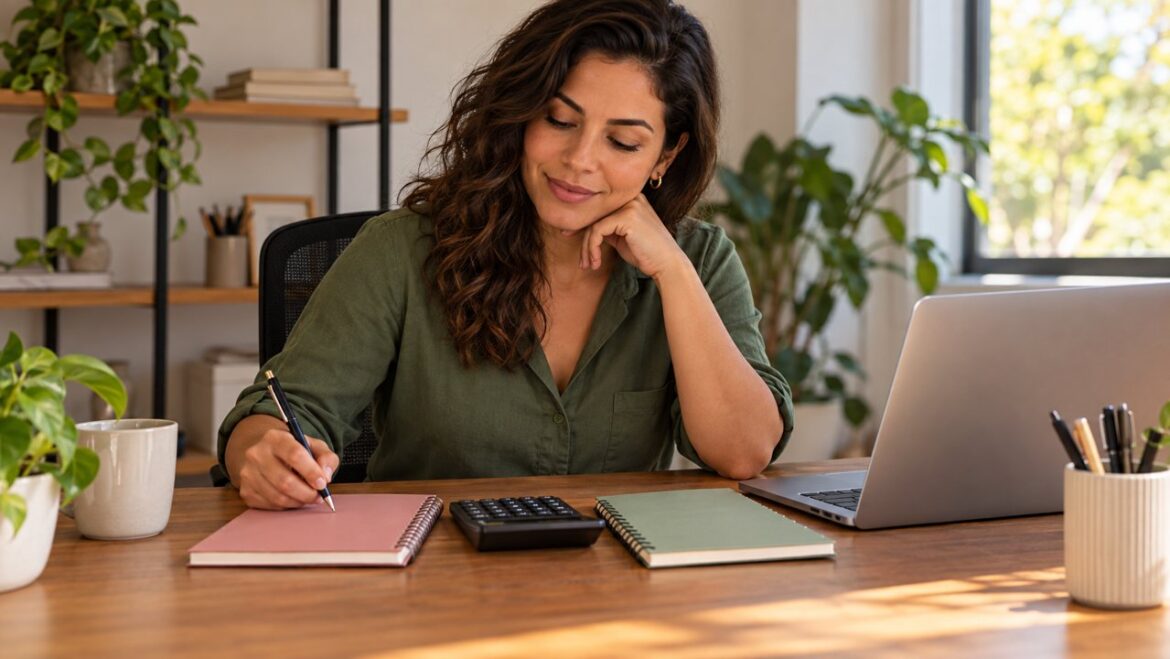 Empreendedora organizando dois cadernos de finanças com calculadora e computador