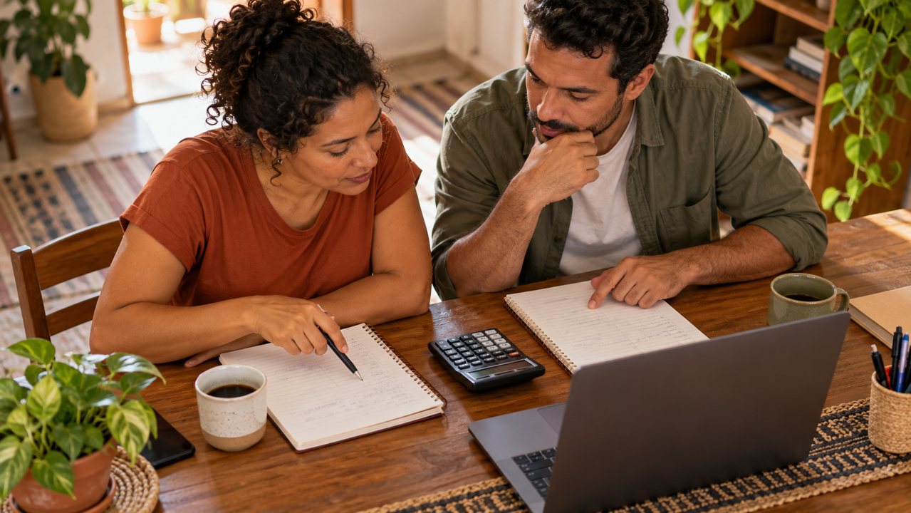 Duas pessoas revisando anotações financeiras em cadernos separados