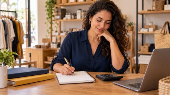 Empreendedora organiza registros financeiros com caderno e calculadora em uma mesa
