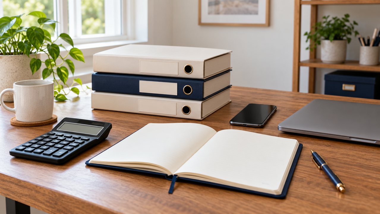 Caderno, calculadora e pastas para organização de documentos financeiros