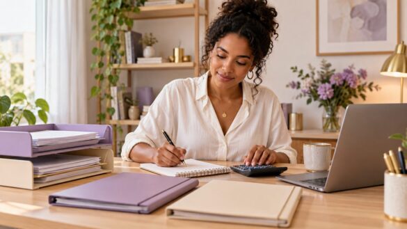 Empreendedora conferindo um caderno com calculadora e pastas separadas na mesa de trabalho