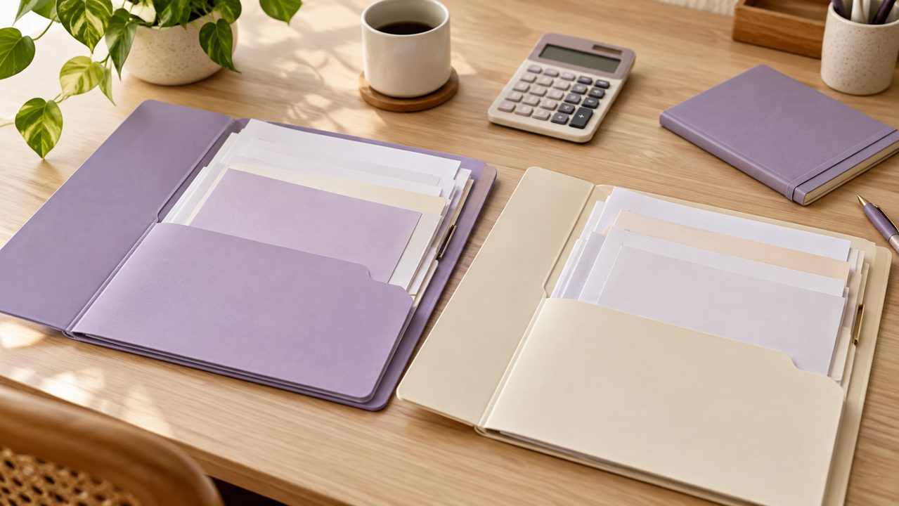 Duas pastas de cores diferentes com documentos organizados ao lado de calculadora e caderno