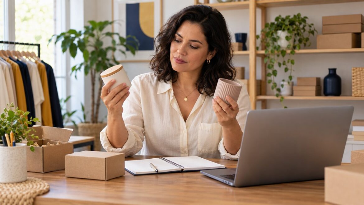 Empreendedora compara amostras e embalagens antes de selecionar um fornecedor