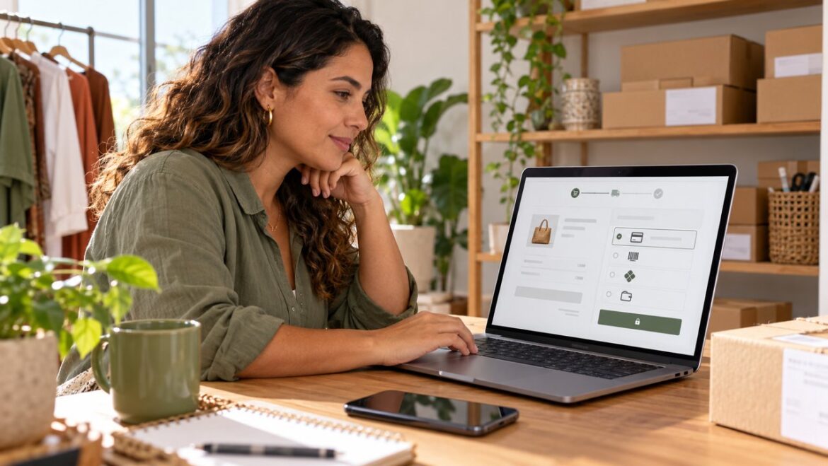 Empreendedora conferindo uma tela de pagamento de loja virtual no notebook
