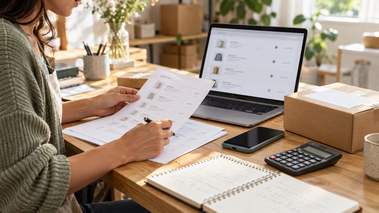 Empreendedora comparando registros de pedidos com informações no notebook