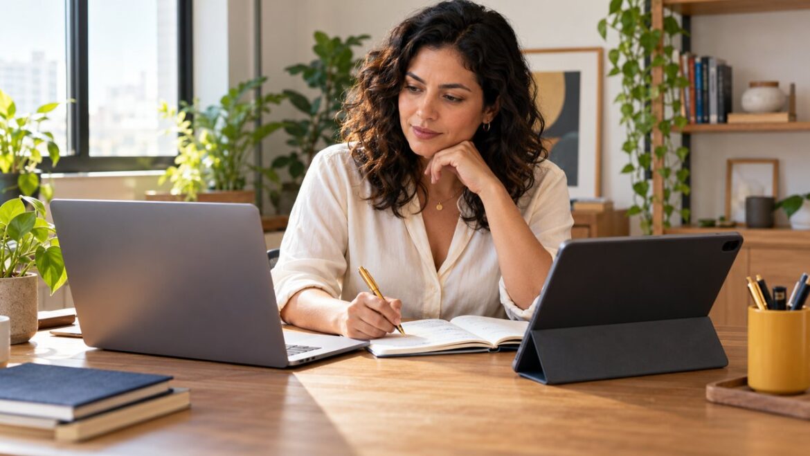 Empreendedora compara ferramentas de trabalho usando notebook, tablet e caderno
