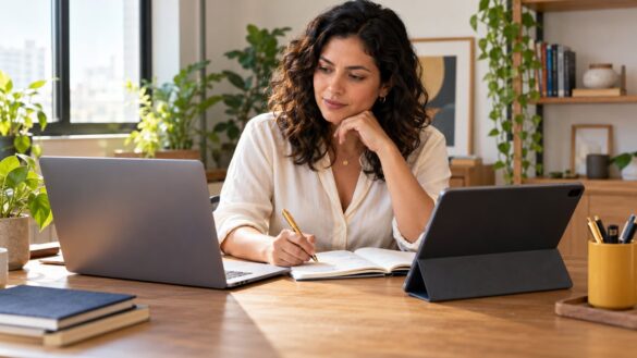 Empreendedora compara ferramentas de trabalho usando notebook, tablet e caderno